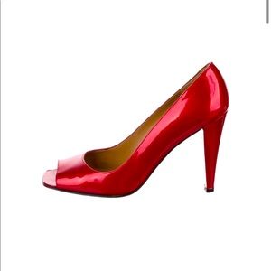 Stuart Weitzman Patent Red Square Peep Toe Heels Sz 10